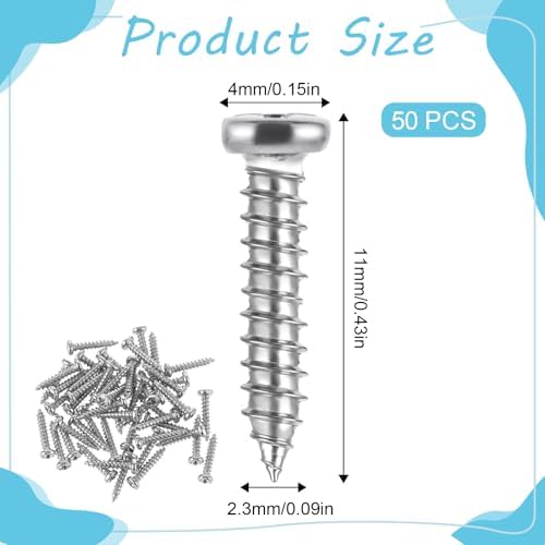 Guitar Tuner Screws, 50 Pack Stainless Steel Tuning Pegs Screw for Electric, Silver Tuning Key Screw, Acoustic Guitars, Bass Guitar Machine Heads Mounting Screws, 11 x 2 mm