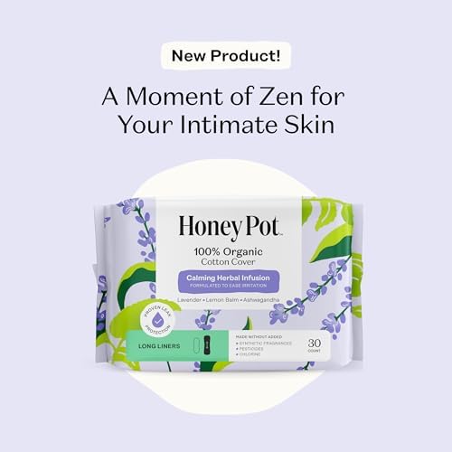 Honey Pot - Calming Long Panty Liners for Women - 100% Organic Cotton Top Sheet - Feminine Care - Non Cooling - Calming Herbs of Lavender, Ashwagandha, & Lemon Balm - 30ct