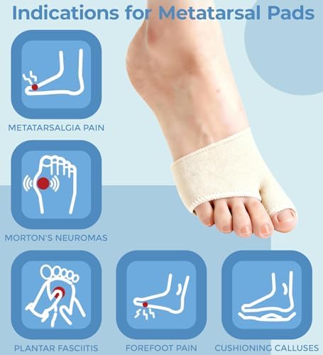 MasterMo Metatarsal Pads for Men and Women - Ball of Foot Pain Relief Cushions for Sesamoiditis, Metatarsalgia, Morton's Neuroma - 2 Pairs Fabric Sleeves with Gel Inserts (Beige, M)
