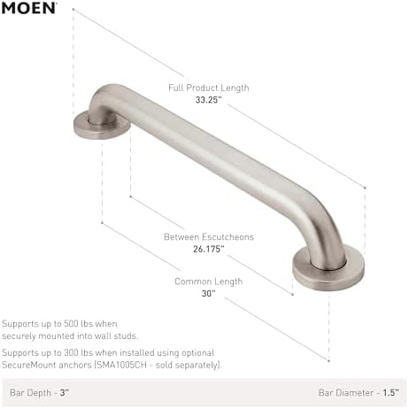 Moen R8930W Bathroom Safety 30-Inch Stainless Steel Bathroom Grab Bar, Glacier White