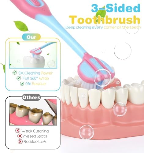 4 Pack 3 Sided Toothbrush, Soft Bristles 3 Sided Toothbrush Kids, Triple-Sided Design for Ages 1-12, Easy Grip Handle & Complete Care