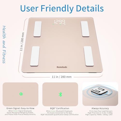 Homebuds Smart Bathroom Scale for Body Weight, High Precision Assured by Weight Scale Professional Factory Since 2001, App Sync 13 Body Composition with BMI and Body Fat, 400lb in 0.1lb, Rose Gold