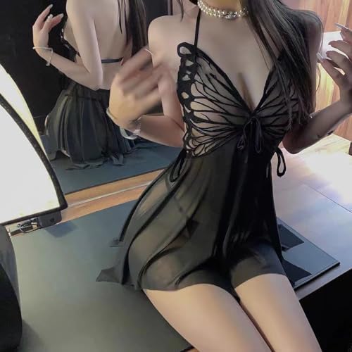 GRAYDREAM Sexy Lingerie for Women, Sexy Backless Mesh See-through Tempting Butterfly Halterneck Suspender Nightgown