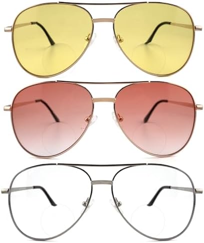 3 Pack Bifocal Reading Sunglasses for Women Men, Aviator Sun Readers Glasses Mirrored Shades UV400 Gradient Pink Night Yellow Clear, +2.0