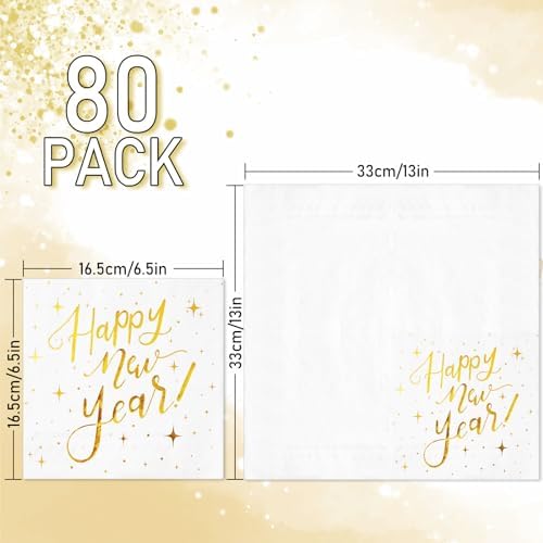 Whaline 80 Pack New Year Napkins 6.5 x 6.5 Inch White Gold Foil Disposable Napkins Happy New Year Dinner Napkins Decorative Holiday Party Paper Napkins for New Year Christmas Party Supplies