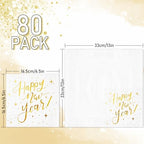 Whaline 80 Pack New Year Napkins 6.5 x 6.5 Inch White Gold Foil Disposable Napkins Happy New Year Dinner Napkins Decorative Holiday Party Paper Napkins for New Year Christmas Party Supplies