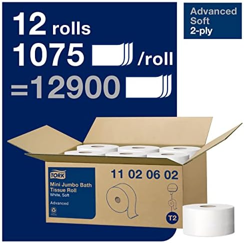 Tork Mini Jumbo Bath Tissue Roll - Toilet Paper Towels with Advanced Soft Quality, Compatible with T2 Tork Dispenser, 12 rolls x 1075, 2-Ply Sheets, Color: White, 11020602
