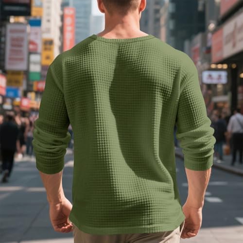 Waffle Knit Henley Shirts for Men Casual Crewneck Half Buron Down Tee Shirts Spring Fall Long Sleeve Pullover T-Shirt