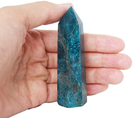 KINO 3.5" Natural Apatite Blue Crystal Quartz Tower Healing Wand Stone Point Faceted Prism Carved Stone Figurine Meditation Therapy