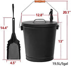 JupiterForce Ash Bucket with Lid and Shovel, 5.15 Gallon Large Galvanized Metal Hot Coal Wood Ash Carrier Pail for Fireplace, Fire Pits, Wood Burning Stoves, Grill, Outdoor Camping, Black