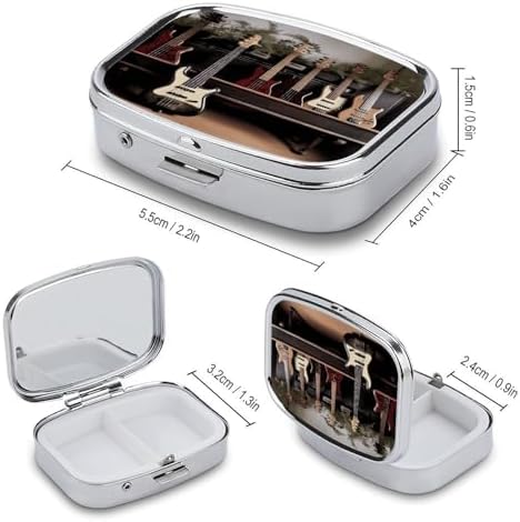 Guitar Bass Music Musical Instruments Pill Case,2 Compartment Small Pill Box Metal Portable Medicine Box Mini Medication Organizer Storage Travel Organizer for Pocket Purse