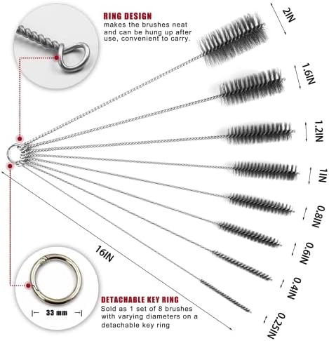 16 Inch Extra Long Pipe Cleaning Brush Set Stainless Steel Bristles, Stainless Steel Pipe Brush Steel Bottle Brush 8 Piece Variety Pack for Auto Parts, Bottles,Tubes, Etc.