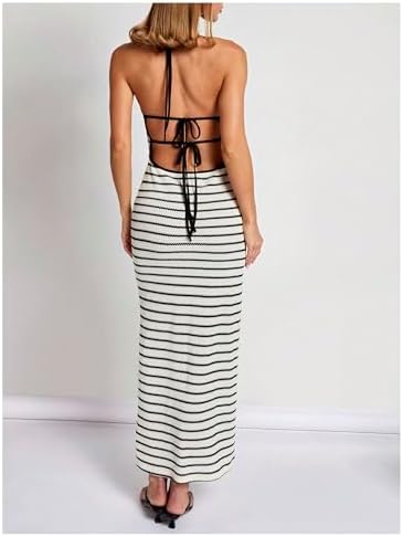 Milumia Women's Knitted Striped Backless Cut Out Halter V Neck Dress Sleeveless Bodycon Maxi Dresses