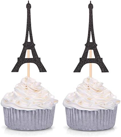 Paris Theme Cupcake Toppers Eiffel Tower Shape Party Picks Wedding Bridal Shower Decorations - 24 Couts - Black
