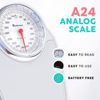 Adamson A24 Scales for Body Weight - Up to 350 LB - New - Anti-Skid Rubber Surface Extra Large Numbers - High Precision Bathroom Scale Analog - Durable with 20-Year Assurance - White