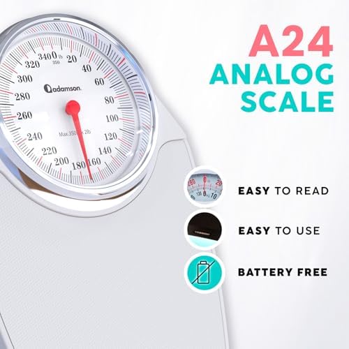 Adamson A24 Scales for Body Weight - Up to 350 LB - New - Anti-Skid Rubber Surface Extra Large Numbers - High Precision Bathroom Scale Analog - Durable with 20-Year Assurance - White