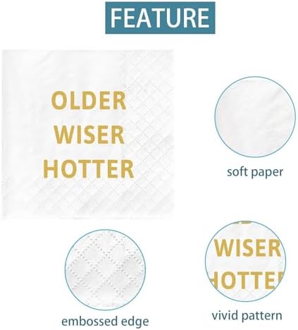 Older Wiser Hotter Napkins, Funny Birthday Napkins for Men Women, 40th 50th 60th 70th 80th 90th Birthday Party Decoration Supplies Favors Gifts, 50-Pack 2-Ply, 4.5 x 4.5 in
