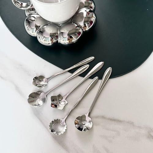 6 PCS Silver Flower Spoon Set 4.92 inch Stainless Steel Coffee Ice Cream Sugar Stirring Dessert Drink Spoons Tableware Home Kitchen Restaurant