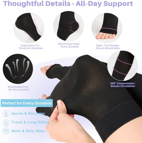 20-30 mmHg Thigh High Compression Stockings for Women, Open Toe with Stay-Up Dot-Top - Relief for Varicose Veins, DVT, Swelling, Pregnancy & Travel, Black, Large