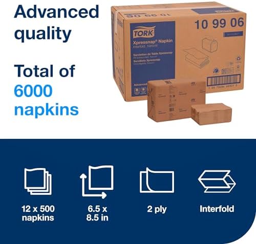 Tork Xpressnap Natural Dispenser Napkin N4, 2-ply, 1/2 Fold, One-at-a-Time Dispensing, 12 x 500, 8.5" x 6.5", 109906