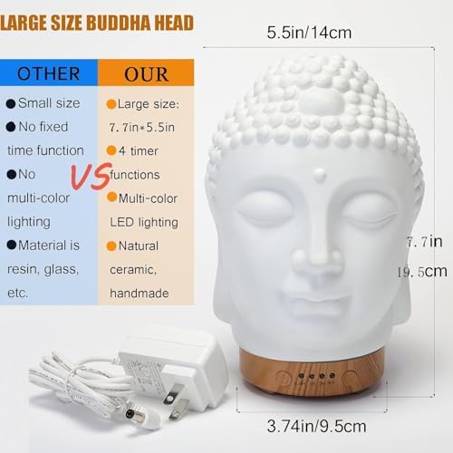 Buddha Essential Oil Diffuser - Aromatherapy Diffusers for Essential Oils - White Ceramic Diffuser Buddha Head Humidifier with 4 Timer & 7 Color Night Light Settings and Auto Off Function