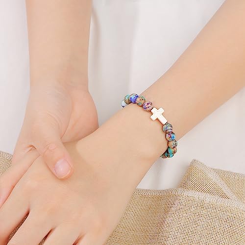 JoycuFF 𝗖𝗵𝗿𝗶𝘀𝘁𝗶𝗮𝗻 𝗚𝗶𝗳𝘁𝘀, Cross Bracelets for Women, Faith Religious Easter Catholic Christian Jewelry, Meaningful Baptism Communion Confirmation Natural Stone Bracelets for Women
