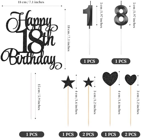 18th Birthday Cake Decorations, 18th Birthday Candles Cake Numeral Candles and Glitter Happy 18th Birthday Cake Toppers Set for Birthday Party Supplies (Black)