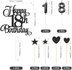 18th Birthday Cake Decorations, 18th Birthday Candles Cake Numeral Candles and Glitter Happy 18th Birthday Cake Toppers Set for Birthday Party Supplies (Black)