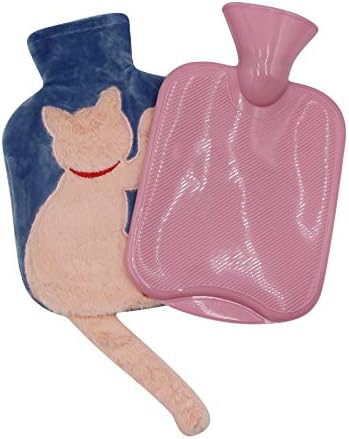 1 Liter Rubber Hot Water Bottle with Soft Plush Fleece Cover, Cute Cat Water Bag Hot and Cold Therapy for Cramps Pain Relief