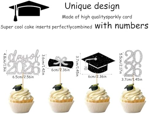 24Pcs Class of 2026 Graduation Cupcake Toppers, Glitter Black & Gold Grad Cap Diploma Cake Decorations, 4 Styles Graduation Cake Picks for 2026 Graduation Party Supplies(Silver)