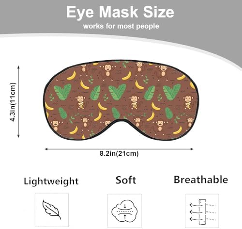 Cute Monkey Silk Sleep Mask, Adjustable Elastic Strap, Yellow, Animal Banana Palm Leaf Pattern, Soft Eye Shade Cover for Men Women Boy Girl Airplane Travel