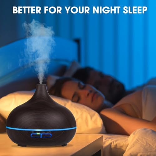 550ml ultrasonic Aromatherapy Essential Oil Diffuser with Remote Control, Dark Wood Grain, Including 6 Essential Oils, 4 Timer Settings, LED Light, Cold Mist humidifier