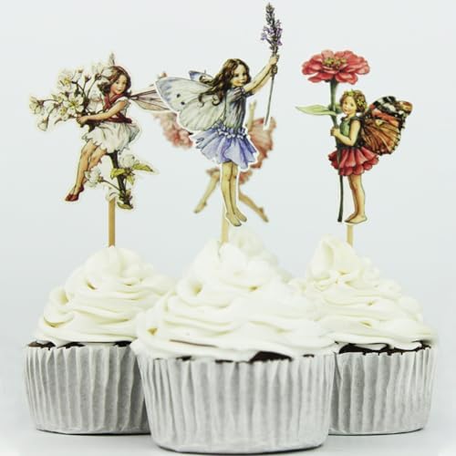 48Pcs Fairy Flower Theme Cupcake Toppers for Fairy Themed Party, Baby Shower, Girls Birthday, Bridal Shower, Wedding Favors and Garden Party Decorations