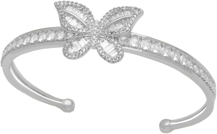 Sparkly Rhinestones Butterfly Open Layered Bangle Bracelet for Women Cubic Zirconia Fashion Dainty Double Layer Crystal Adjustable Wrap Cuff Bracelets Wrist Hand Jewelry Prom Party Gift for Her