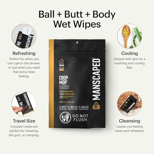 MANSCAPED® Crop Mop® On-The-Go Individually Wrapped Ball Wipes, Anti-Chafing Male Hygiene Body Wipes, Cleaning Wipe Designed for The Male Groin Area with Refreshing and Cooling Aloe Vera, 15 Pack