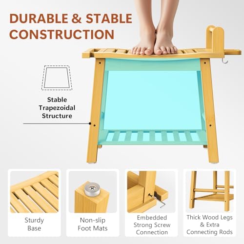 Bamboo Shower Benches for Inside Shower to Sit on, 2-Tier Shower Stool Waterproof with Arm, Heavy Duty Bathroom Bench with Storage Shelf and Shower Header Holder for Seniors, Disabled, Women, Natural