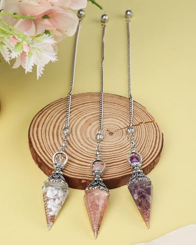 RENEMEGO 3 PCS Pendulum Crystal for Dowsing - Rose Quartz Amethyst White Turquoise Crystal Pendulum, Witchcraft Supplies, Pendulos De Energia, Healing Crystals for Meditation Energy Balancing Gift