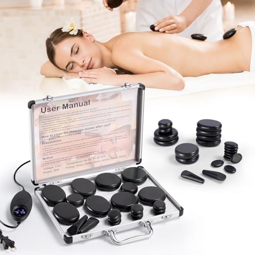 Hot Stones Massage Warmer Kit with Temperature Adjustment, 21 Pcs Hot Stones Massage Set, Portable Hot Stone with Heater for Home Spa Warming Therapy Relaxing