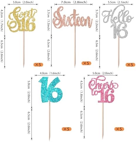 Rsstarxi 30 Pack 16th Birthday Cupcake Toppers Glitter Sixteen Sweet 16 Cupcake Picks Cheers to 16 Years Sweet 16 Birthday Cake Decorations for Hello 16th Birthday Anniversary Party Decors Multi