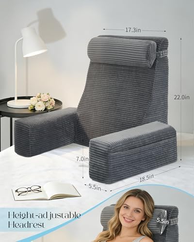 Seniny Reading Pillow for Bed Adult - 22" Back Support Pillow for Sitting Up Rest, Husband Bed Chair and Backrest Pillow with Arms, Lounge Sit Up Pillows for Dorm, Corner, Couch, Study, Watching TV