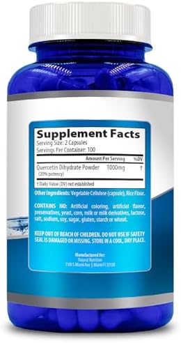Natural Vitamin Quercetin Maximum Strength 1000mg 200 Capsules Gluten Free Non-GMO
