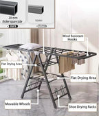 Mimiblack Clothes Drying Rack Foldable, 3 Tier Large Laundry Dryer Stand, Heavy Duty Metal Clothes Airer Dryer Rack with Wheels For Clothing& Bedding &Towels, Indoor & Outdoor Use, 70.8"L×17.7"W Gray