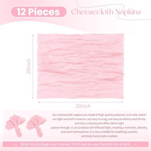 12 Pack Pink Cloth Napkins 20x20 Inch Cheesecloth Napkins Rustic Boho Gauze Dinner Napkin Cloth Washable Elegant Table Napkins for Wedding Party Bridal Baby Shower Table Decor