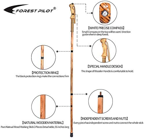3-pc Detachable Hardwood Walking Stick Pine Handle with Compass (Nature Color, 55 Inches, 1 Piece)
