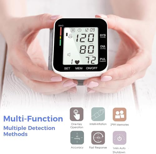MMIZOO Wrist Blood Pressure Monitor Bp Monitor Large LCD Display Blood Pressure Machine Adjustable Wrist Cuff 5.31-7.68 inch Automatic 99x2 Sets Memory with Carrying Case for Home Use (Black)