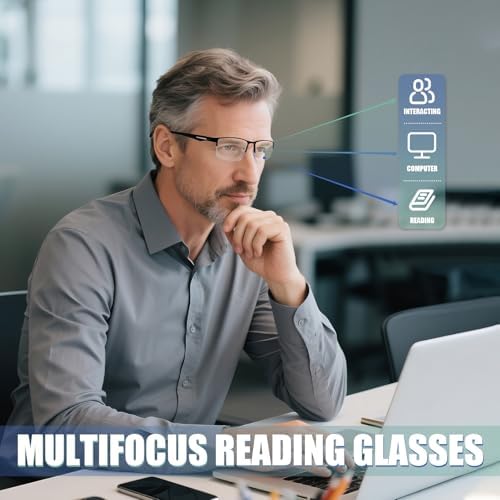 2 Pack Men's Progressive Multifocal Reading Glasses,Half Rim Metal Frame TR90 Temples Blue Light Blocking Anti Eyestrain Multifocus Computer Readers,1.5x