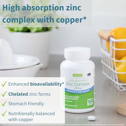 Igennus Clean Chelated Zinc 25mg with Copper, Fully Reacted Picolinate & Bisglycinate Complex, High Bioavailability & Gentle on the Gut, Third-Party Tested, Immune & Skin Support, 6 Month Supply