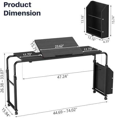 Overbed Table with Wheels, Tilting Overbed Desk Adjustable Height & Length, Queen Over Bed Table with Storage Cabinet, Rolling Laptop Desk for Bedroom, Living Room, Hospital (Black, 47.24in)