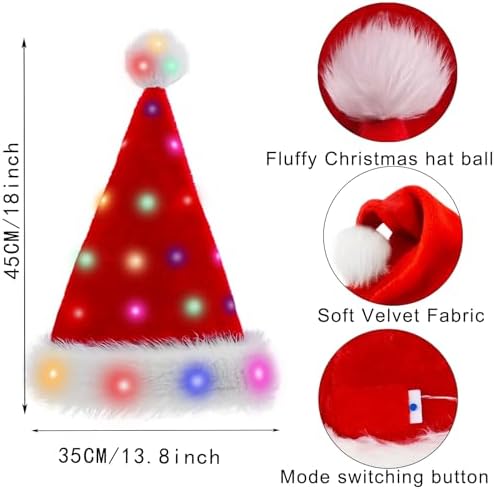 Light Up Christmas Santa Hat,Red Velvet Xmas Costume Hats for Adult Women Men Party Holiday Unisex New Year Festive Headwear
