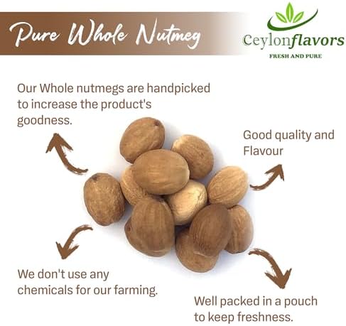 CEYLONFLAVORS FRESH AND PURE Organic Whole Nutmeg (3.5 oz), Premium Grade, Harvested & Packed from a USDA Certified Organic Farm in Sri Lanka (Stand up resealable Pouch)